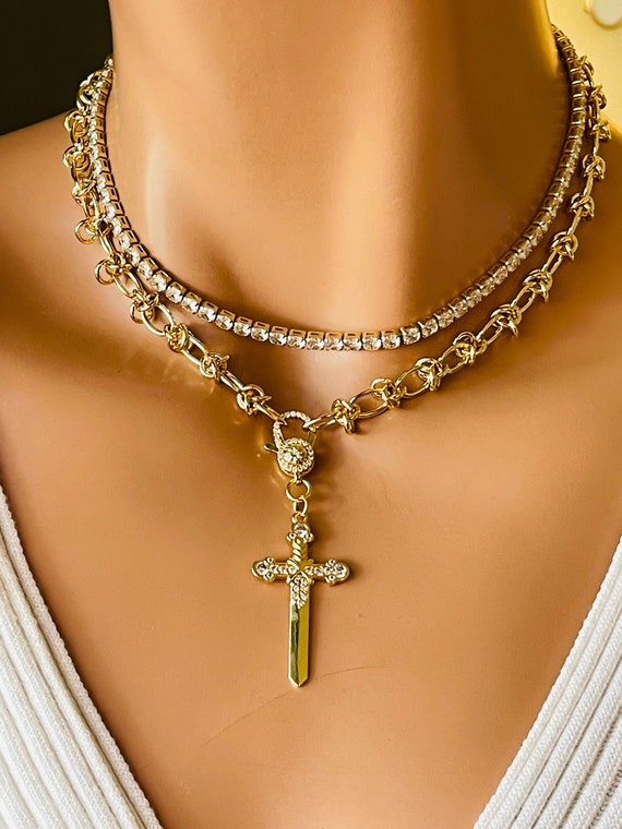 Gold barbed wire necklace Women Cross Pendant Necklaces Sword Choker CZ Chain Set 18K gold filled Chain Set READ DESCRIPTION