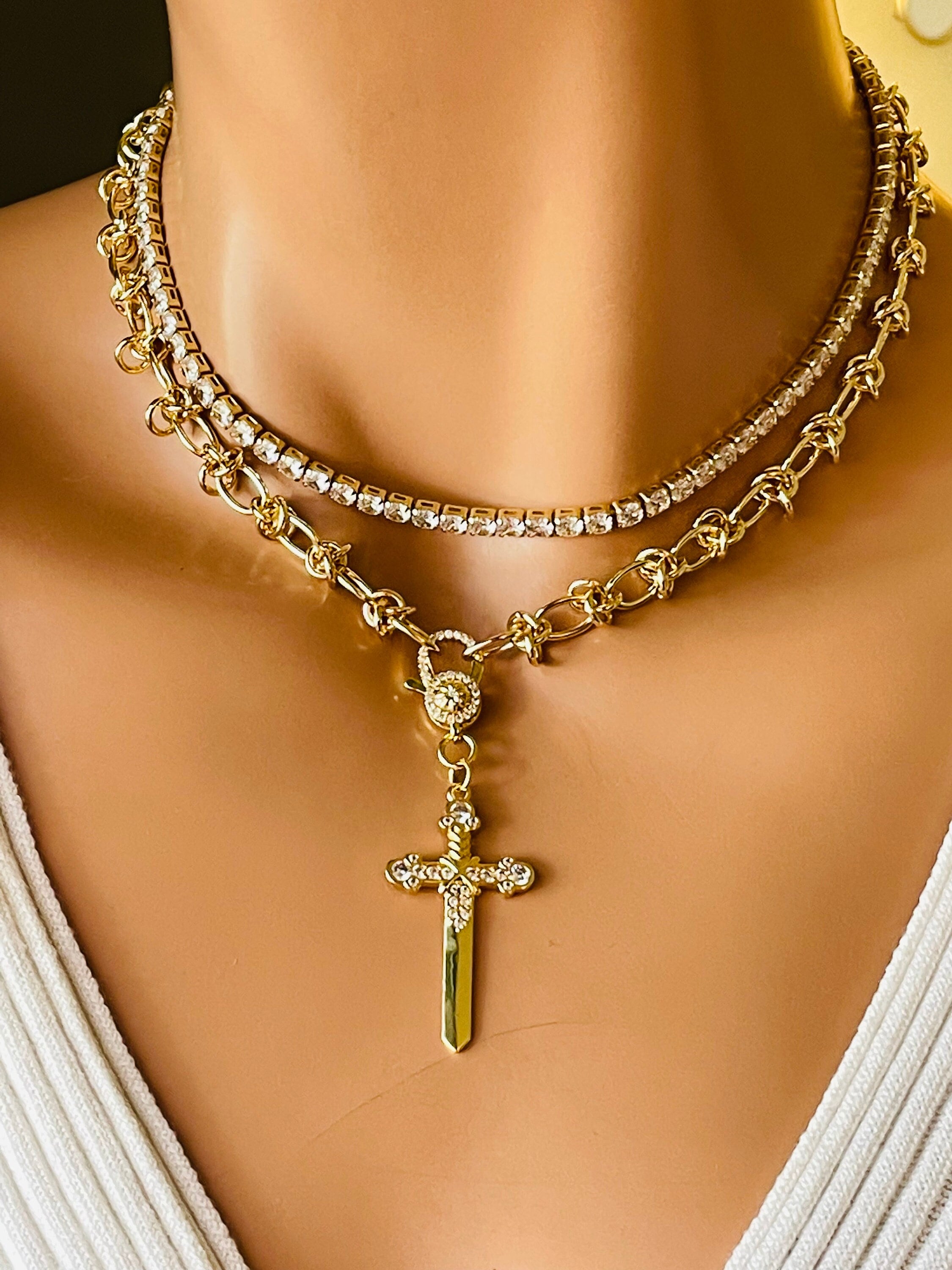 アクセサリー K18 Women's Chain Necklace Gold Barbed Wire Necklace Set, Sword Cross Pendant, CZ Choker - Etsy