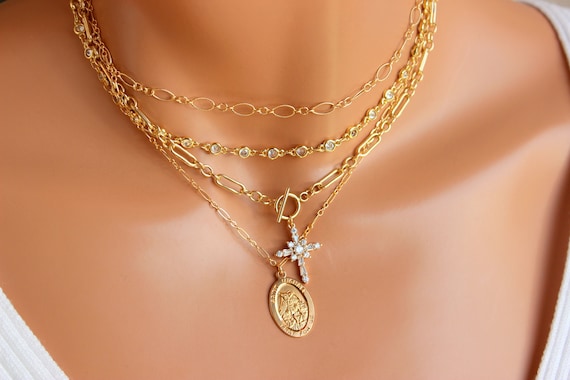 Gold Saint Michael pendant necklace, gold filled sterling silver choker necklace, multi strand necklace, catholic jewelry, Women gift