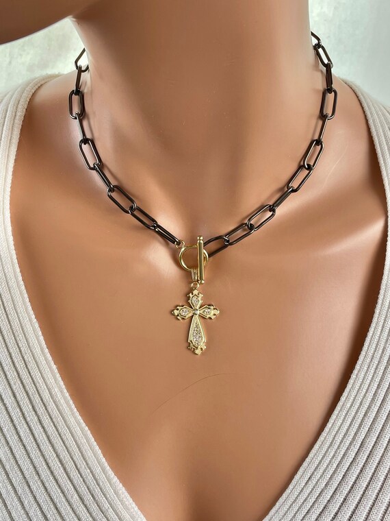 Gold Cross Gold Chunky Choker, Dark Chain black Gunmetal Necklaces Thick Chain, Toggle Front, Christian Cross  Necklaces