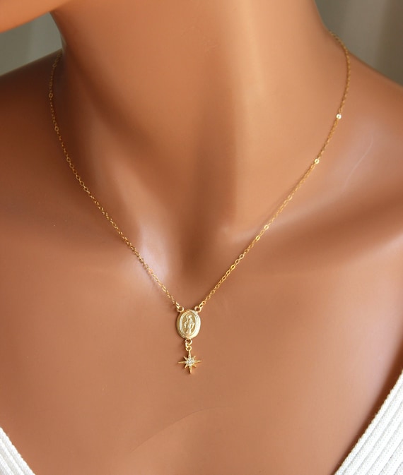 Small Gold miraculous charm necklace, sterling silver gold filled star, miraculous necklace, catholic jewelry, gift women READ DESCRIPTION