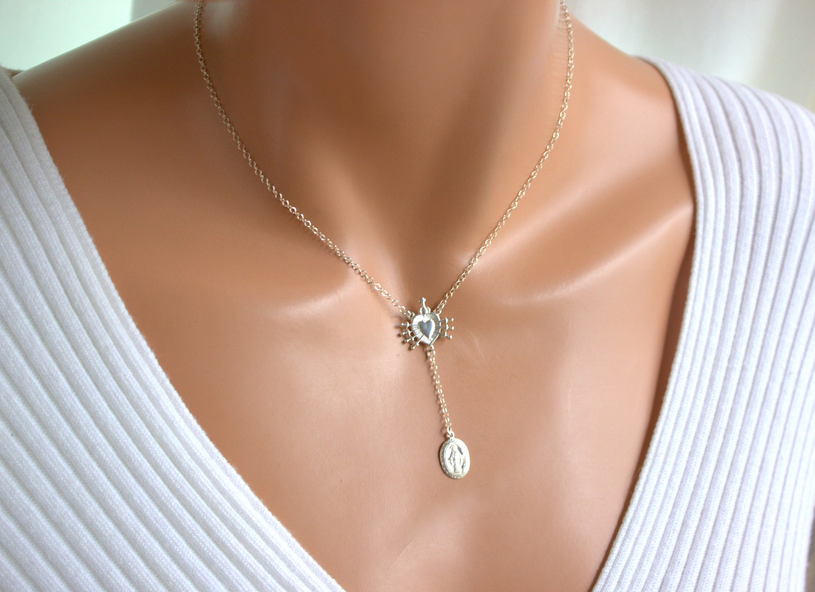 Sterling Silver Sacred Heart of Jesus Rosary, Miraculous Charm Necklace ...