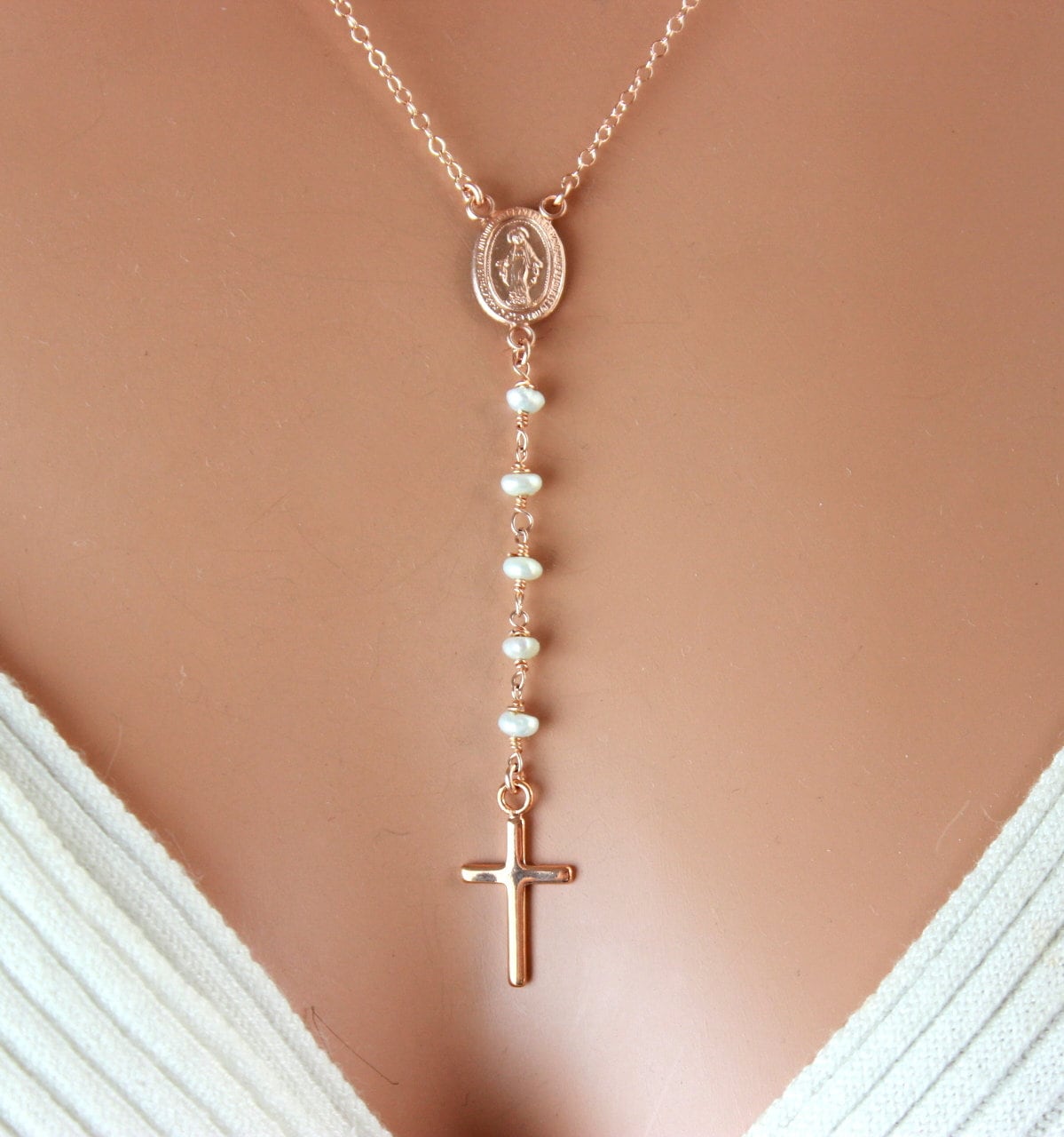 Rose gold rosary necklace deals