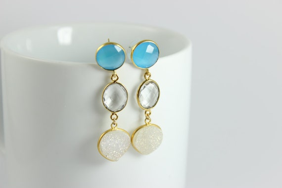SALE Gemstone Earrings White Druzy Blue Chalcedony Drop Gold Filled Earring Chandelier Sparkling Dangling Jewelry Gift