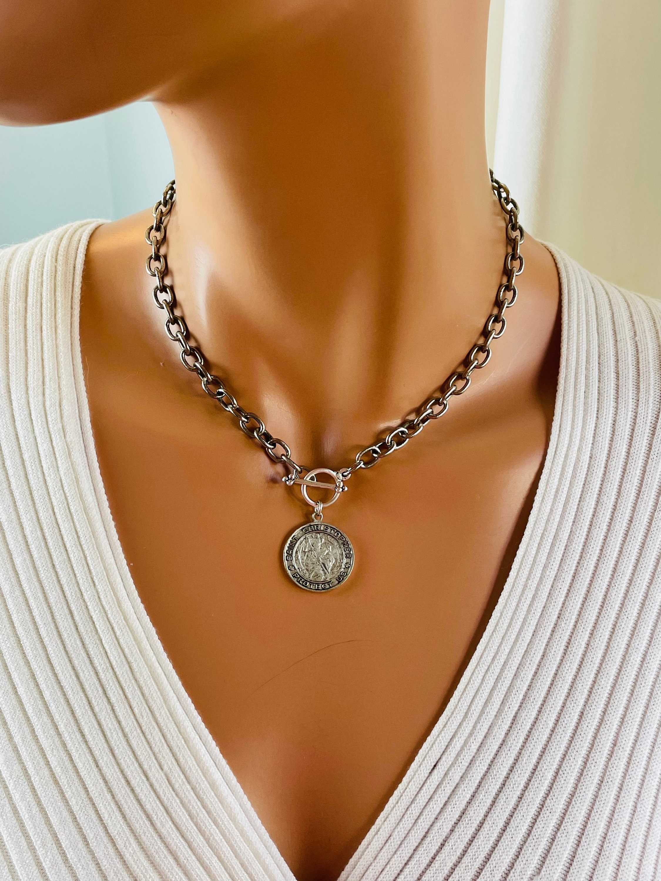 Antique Silver Choker Necklace Women Saint Christopher Chunky