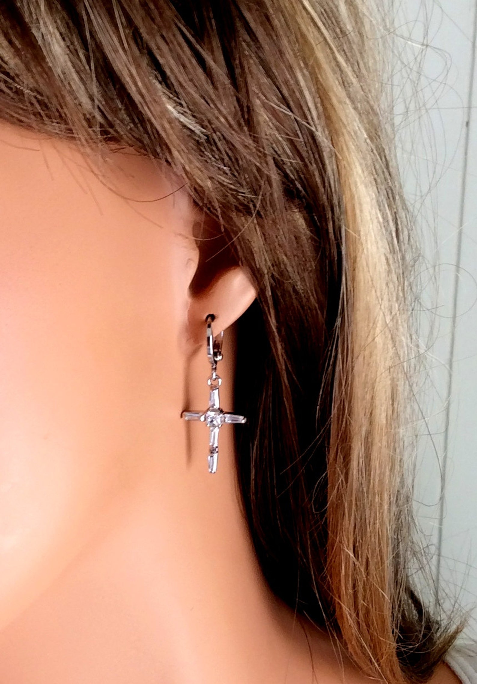 Cross Earrings Crystals White Gold Filled Womens Girls Etsy