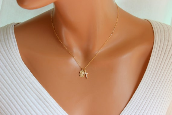 BEST SELLER Gold Saint Christopher Charm Necklace Cross Double Pendant Necklace Women Gold Filled Necklace Religious Jewelry Protection Gift
