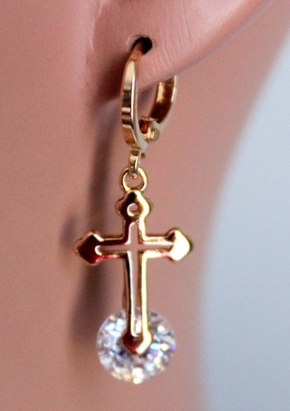 Gold Filled Cross Earrings Swarovski Crystal Goldfilled Womens Girls Dangling Earrings Crystals Cross