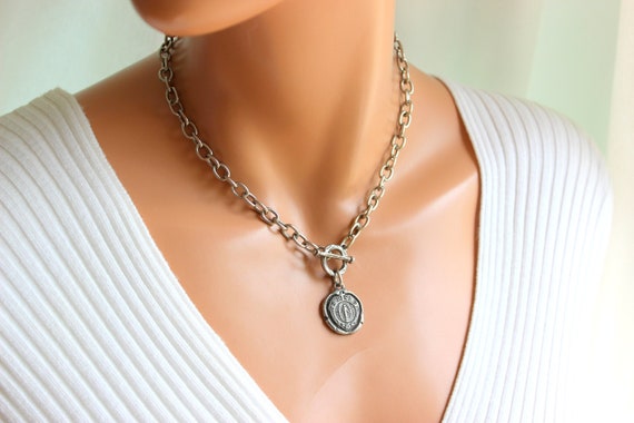 BEST SELLER Antique Silver Choker Necklace Women Oxidized Silver Steel Chain Necklaces Mother Mary Wax Seal Religious Jewelry Gift