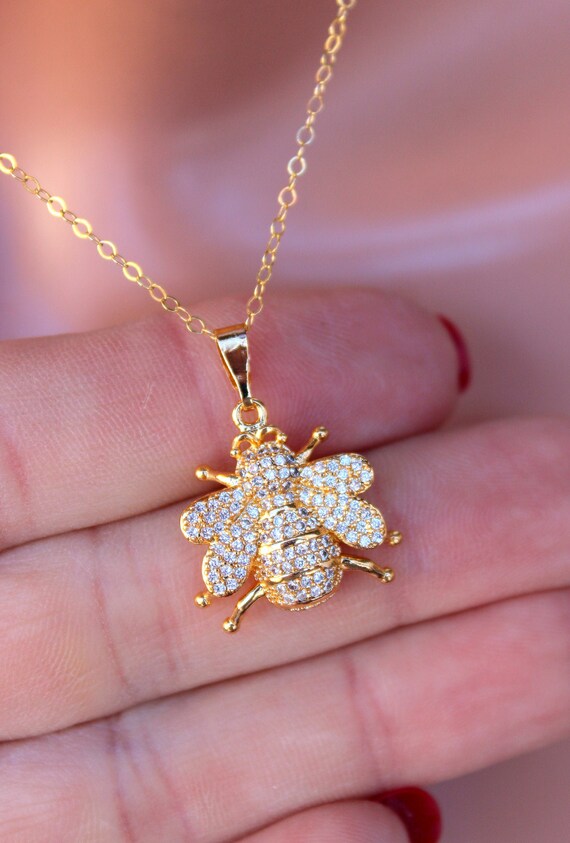 Gold Bumble Bee Charm Necklace Women Large Bee Pendant CZ Bee Necklace, Gold Filled Bee Charm Neckalaces Super Cute Jewelry