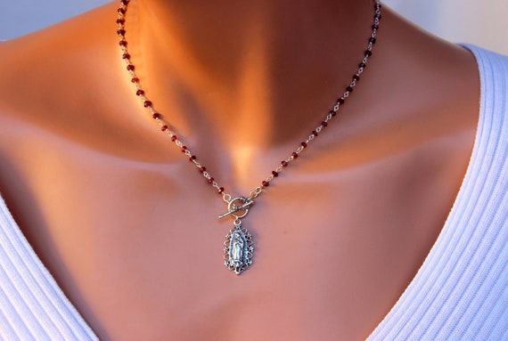 Sterling Silver Our Lady of Guadalupe Necklace Virgin Mary Choker Necklaces Religious Catholic Jewelry Gift Garnet Red