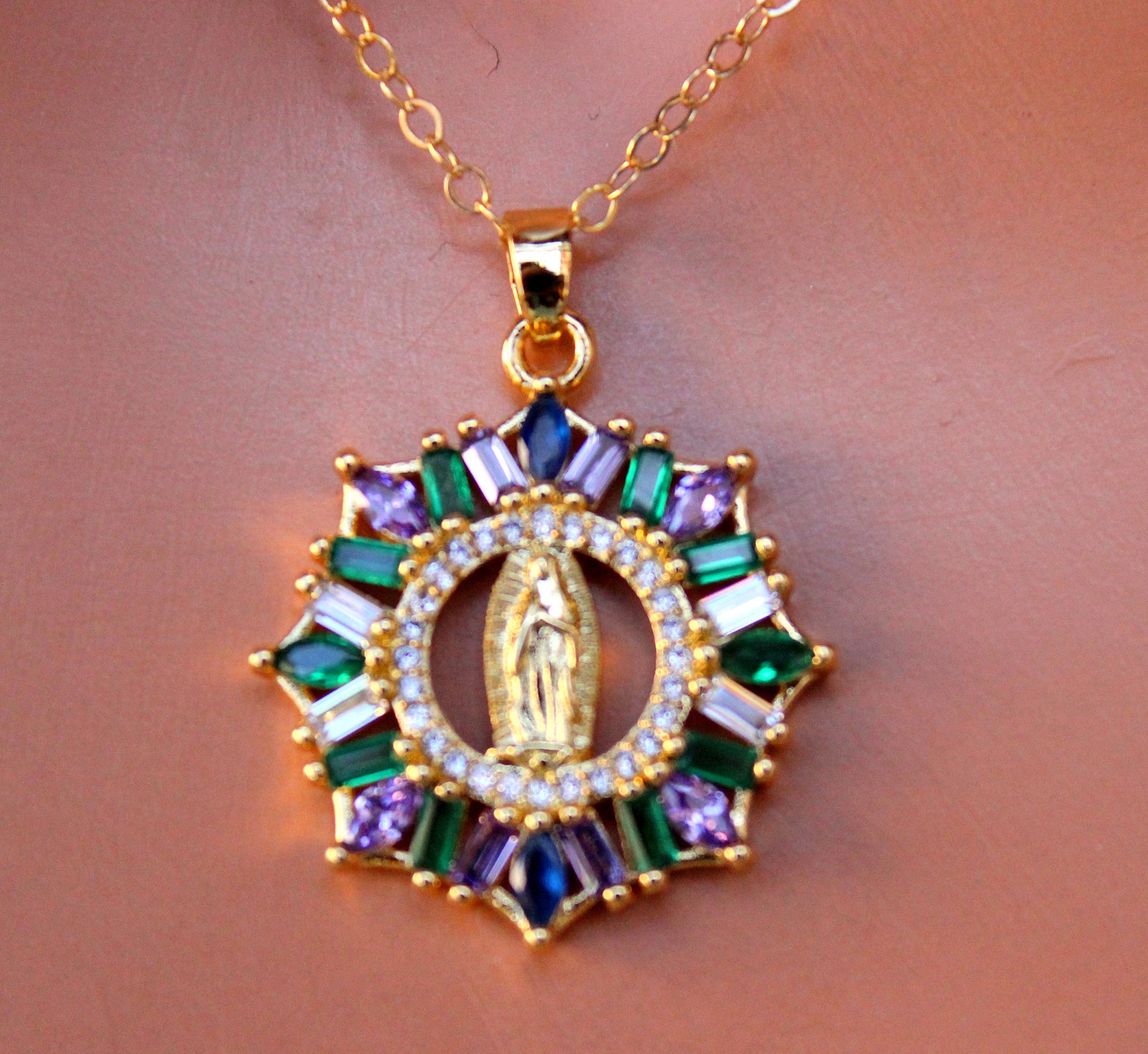 BEST SELLER Our Lady of Guadalupe Necklace Gold Mary Charm Double ...