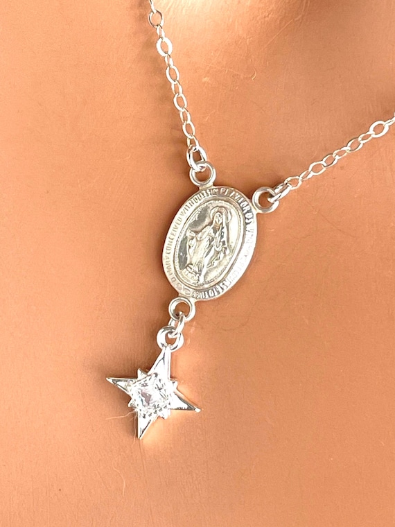 Small sterling silver Miraculous Charm Necklace Mother Mary Pendant Star gold filled miraculous Catholic Religious Jewelry Confirmation