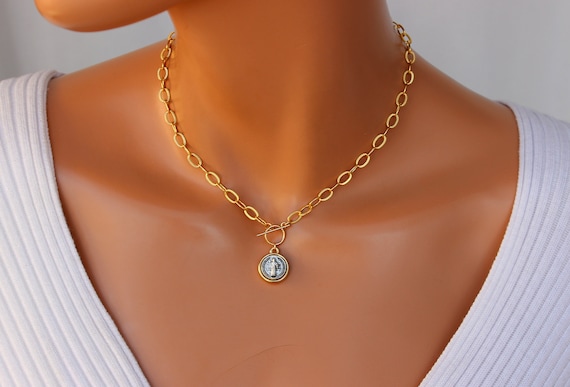 BEST SELLER Gold Coin Necklace, Benedict Cross Gold Chunky Choker, Saint Benedict Charm Necklace Textured Chain, Toggle Front Women Gift