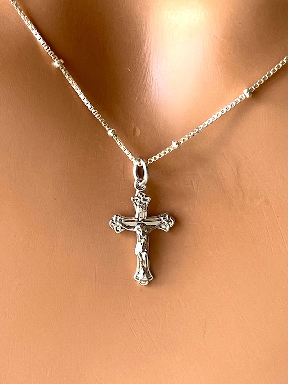 Small Sterling Silver Crucifix Necklace: Catholic Confirmation Gift 20x12mm Cross. Satellite chain