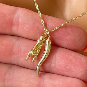 Gold Mano Cornuto Hand Horn Charm Necklace women girls  Gold Singapore Chain Italian Pride Protection Double Charm Cornicello Jewelry