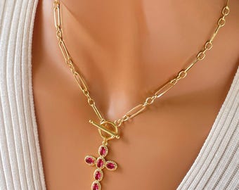 14K Gold Filled Pink Cross Choker Necklace: Toggle Clasp Thick Chain Large CZ Pendant Long Short 3 to 1 Link Paperclip Christian jewelry