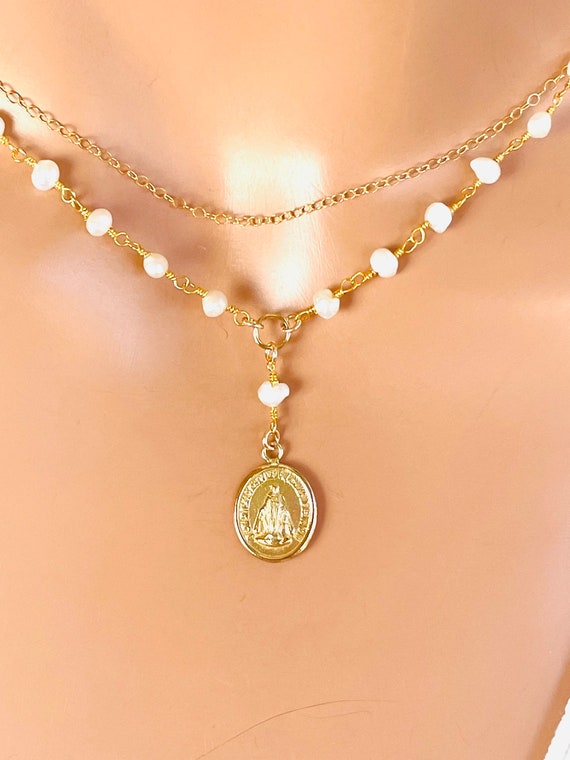 Gold Mary Miraculous Necklace Pearl necklace Multi Strand Choker Gold filled Women Catholic Jewelry bridal necklace virgin Mary gift
