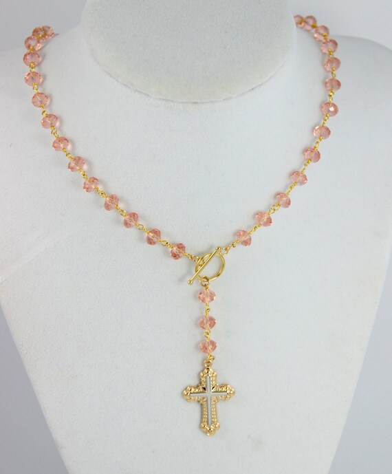 Rosary Necklace Gold Filled Pink Morganite Quartz Two Tone Goldfilled Cross Jewelry Women Custom Bracelets Confirmation Gift