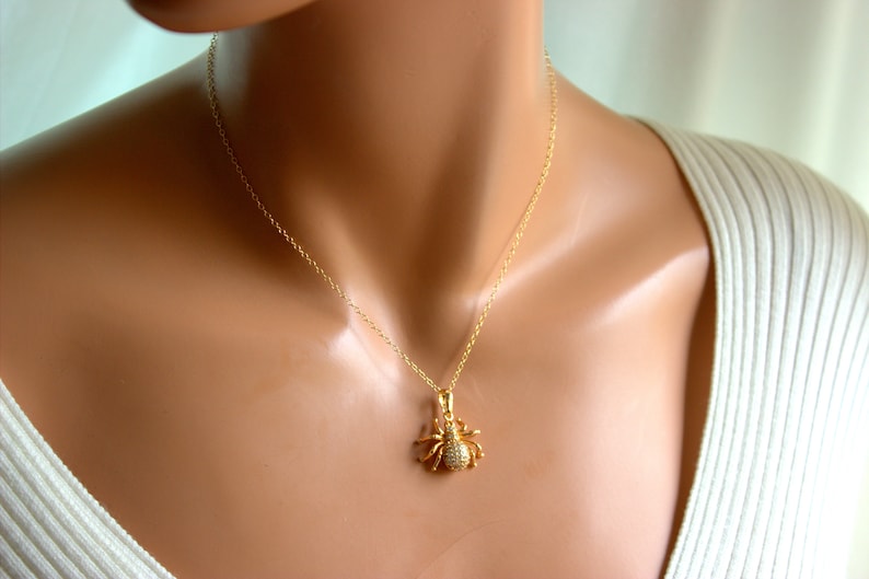 May include: A gold chain necklace with a small, sparkling spider pendant. The spider is made of gold and has clear stones for eyes.