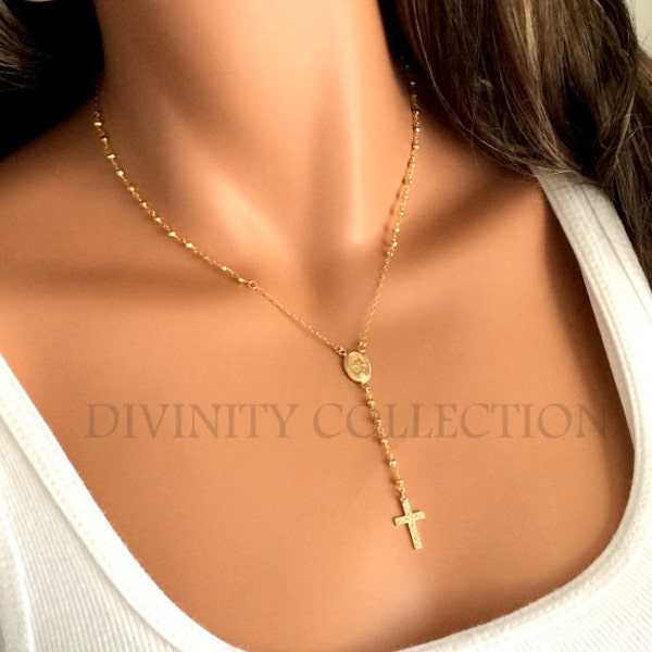 Gold Rosary Necklace for Women Miraculous Medal Catholic Jewelry Cross Necklaces Mary Miraculous Rosary Gift Rosaries Protection 3mm beads