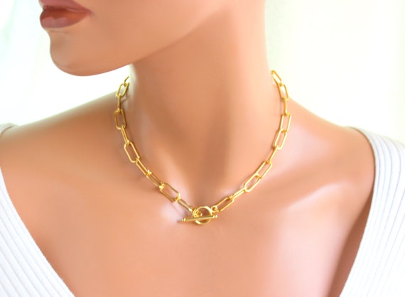 Gold Filled Paper Clip Chain Thick Gold Chain Choker Women Toggle Front Chunky choker Necklace Jewelry Gift Large Chain Choker Necklaces