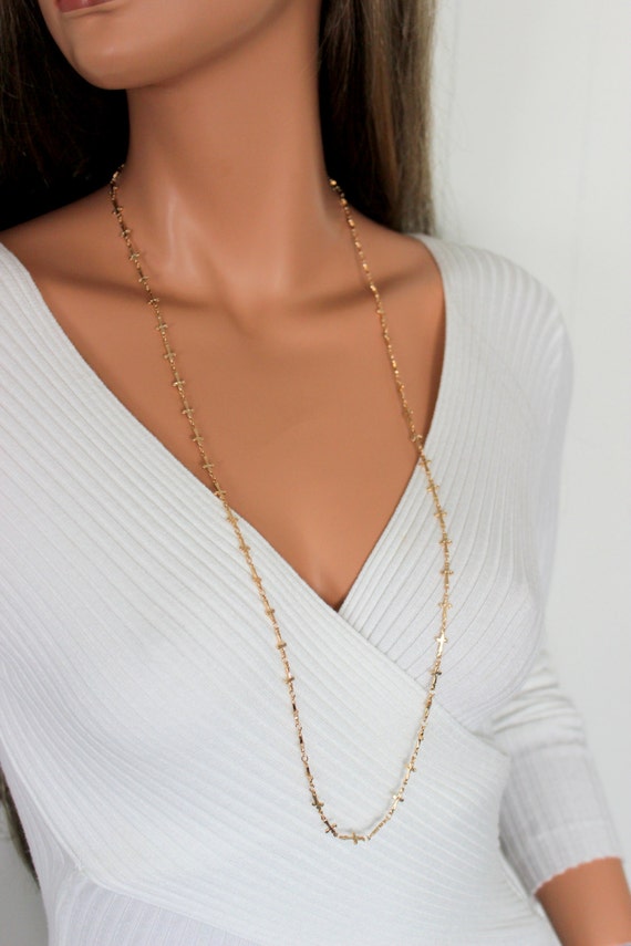 Long Gold Filled Cross Necklace Womens Bracelet Wrap Small Crosses Layer Necklaces