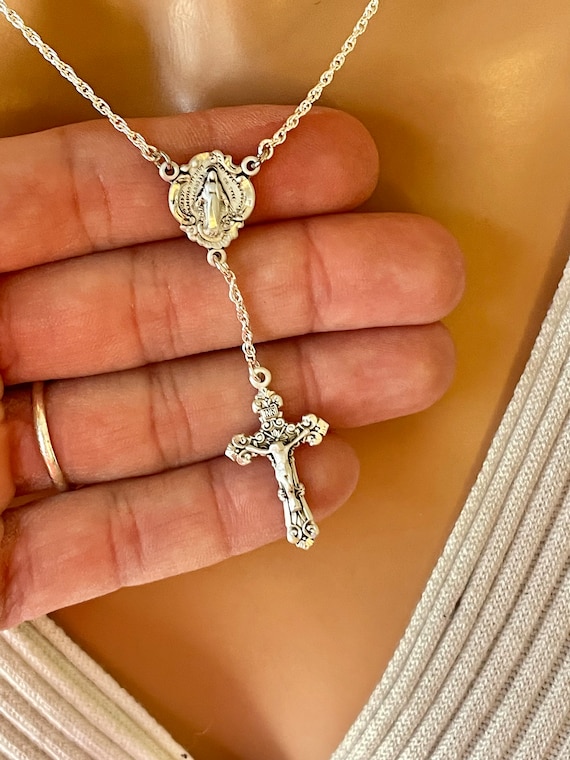 Sterling Silver Plated Choker Chain – Open Link Style Necklace With Rosary Cross Pendant - View #9
