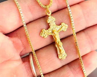 Gold Crucifix Cross Pendant Necklaces For Men box chain cross necklace, crucifix necklace, Catholic Jewelry