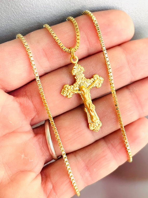 Gold Crucifix Cross Pendant Necklaces For Men box chain cross necklace, crucifix necklace, Catholic Jewelry