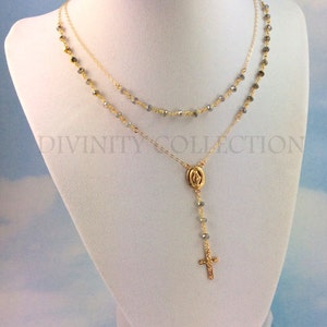 Labradorite Rosary Necklace 14kt Gold Filled Cross Miraculous Medal ...