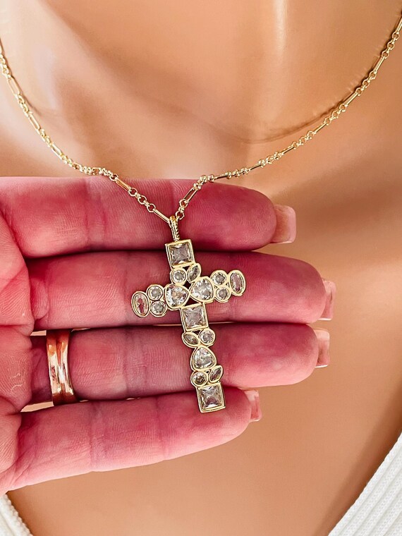 Large CZ Cross Pendant Necklace 14k Gold Filled Unique Christian