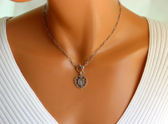 Sterling Silver Chain Necklace Women Mary Miraculous Necklaces Oxidized Silver Chain Jewelry Silver Chain Large Religoius Gift