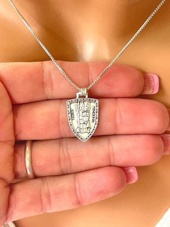 925 Sterling Silver Saint Michael Necklace Women St Michael shield BOX chain Protection necklace Catholic confirmation gift women girls boys