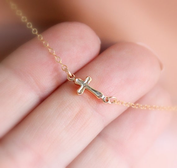 Gold Sideways Cross Necklace 14kt Gold Filled Girls Small Dainty Cross Women Tiny Delicate Sideways Crosses