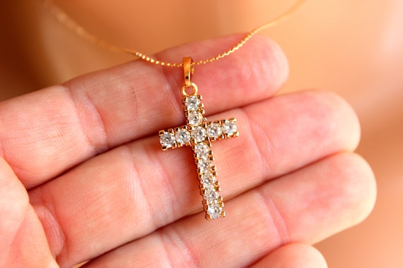 Gold Cross Necklace Women Superb Quality 18kt Gold Filled Pave Crystal Cross Pendant Christian Jewelry Gift