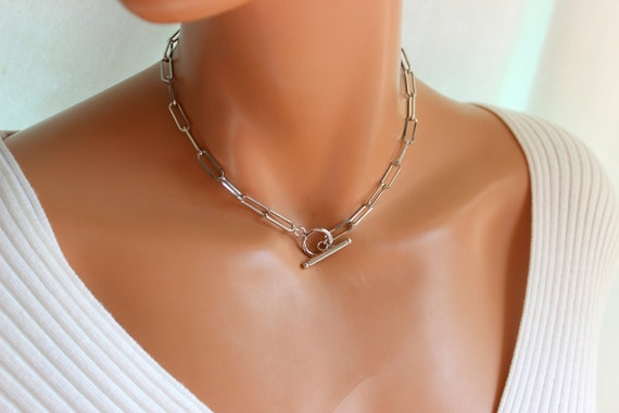 Silver Chain Choker Necklace Toggle Women Girls White Gold Filled Paper Clip Chain Choker Thick Chunky Chain Necklace Gift Cute