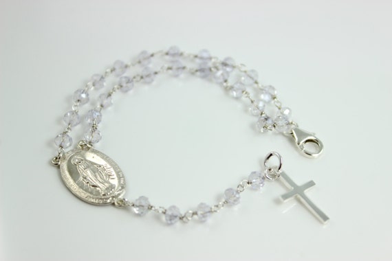 Sterling Silver Rosary Bracelet Clear Crystals Large Miraculous Wedding Bridesmaids Bride Jewelry Women Custom Bracelets Confirmation Gift