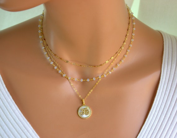 Gold Ohm Pendant Necklace Women 14k Gold Om Charm Choker Set Mother of Pearl Pave Crystal Om Buddhist Tibetan Jewelry Yoga Gift for her