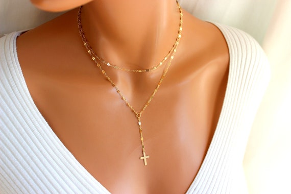 Gold Cross Necklace Women, Multi Strand Gold Filled Necklace, Chain Set. Rosary Necklace, Gold Bar Chain Necklaces, Double Chain Cross Charm