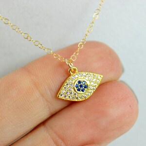 Tiny Evil Eye Necklace Gold Filled Charm Pendant Small Delicate Little Girls Jewelry Pave Crystal Kabbalah Jewelry Gift Protection Necklaces