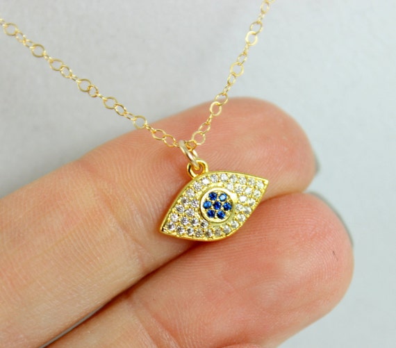 Tiny Evil Eye Necklace Gold Filled Charm Pendant Small Delicate Little Girls Jewelry Pave Crystal Kabbalah Jewelry Gift Protection Necklaces