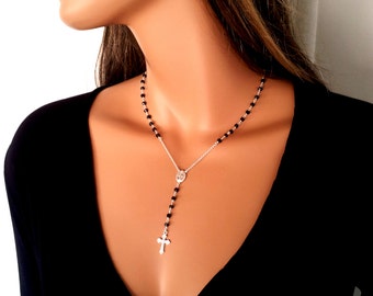 Sterling Silver Rosary Necklace Black Spinel Jewelry Women Girls Gemstone  Miraculous Cross Necklaces Confirmation Gift Christian Catholic