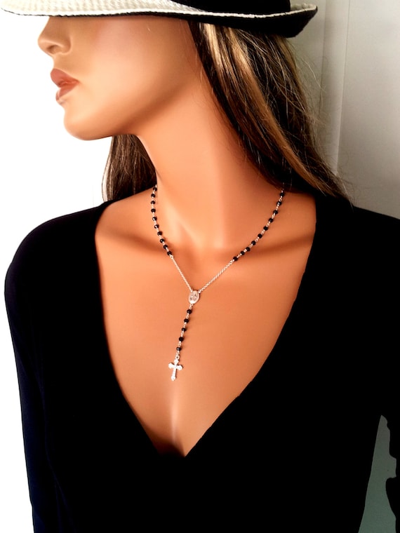 Sterling Silver Rosary Necklace Black Spinel Jewelry Women Girls Gemstone  Miraculous Cross Necklaces Confirmation Gift Christian Catholic