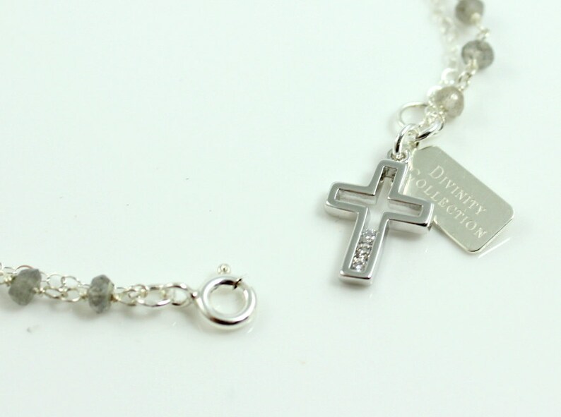 Sterling Silver Crystal Cross Bracelet Pendant Labradorite Gemstones Double Chain Charm Bracelets High Quality Jewelry Womens Girls Gift