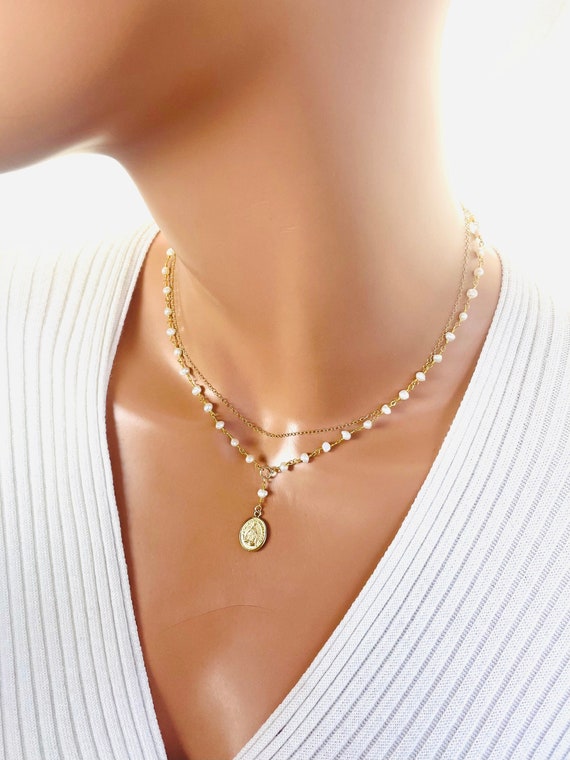 Gold Mary Miraculous Necklace Pearl necklace Multi Strand Choker Gold filled Women Catholic Jewelry bridal necklace virgin Mary gift