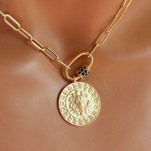 Gold Lion Pendant Necklace Paper Clip Chain Choker Women Thick Chunky Chain Long Link Chain Large Link Lion Necklaces Jewelry Gift