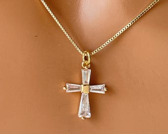 14k Gold Filled Cross Charm Necklace, Sterling Silver CZ Christian Jewelry BOX chain confirmation gift for girls