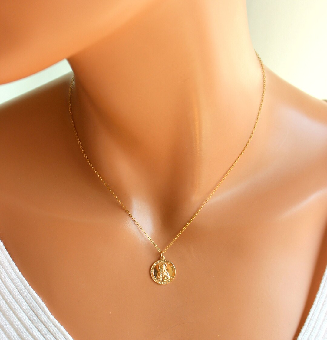 14k Gold Filled Jesus Charm Necklace Dainty Small Round Gold Jesus