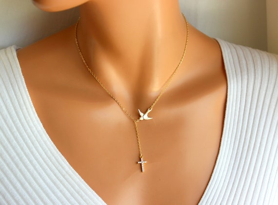 Gold Cross Necklace Women Crystal Cross Pendant Necklaces Dove Charm Confirmation Gift Swallow Bird Charm Jewelry Lariat Y Necklaces